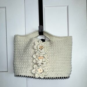 Handmade Crochet Cream Purse with Faux Leather Bottom and Floral Design - new